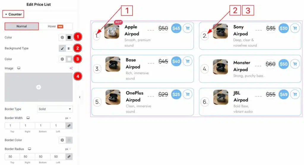 Price List - Counter 