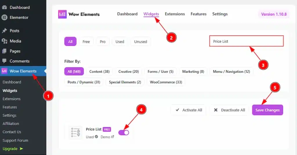 Enable the Price List widget